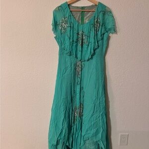 Vintage 70s Chiffon Teal Dress with Sequin Details
